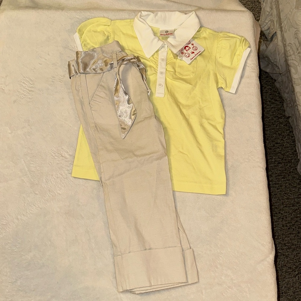 NWT HANNA ANDERSSON YELLOW GIRLY POLO SHIRT 120 6 7 CHILDRENS PLACE KHAKI CAPRIS